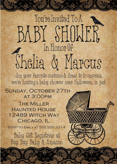 halloween baby shower invitations antique carriage lace design