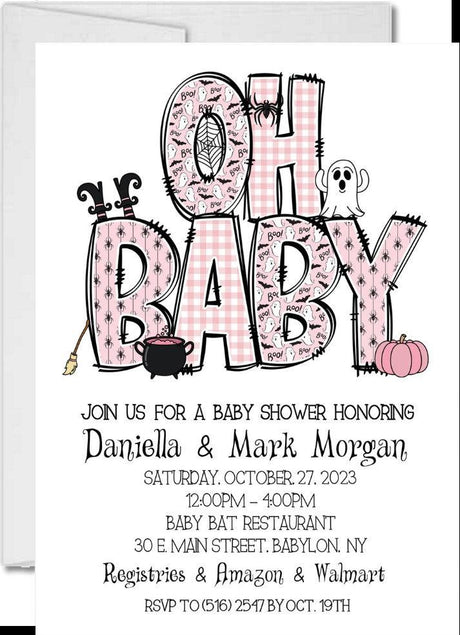 halloween baby shower invitations pink pumpkin spooky design