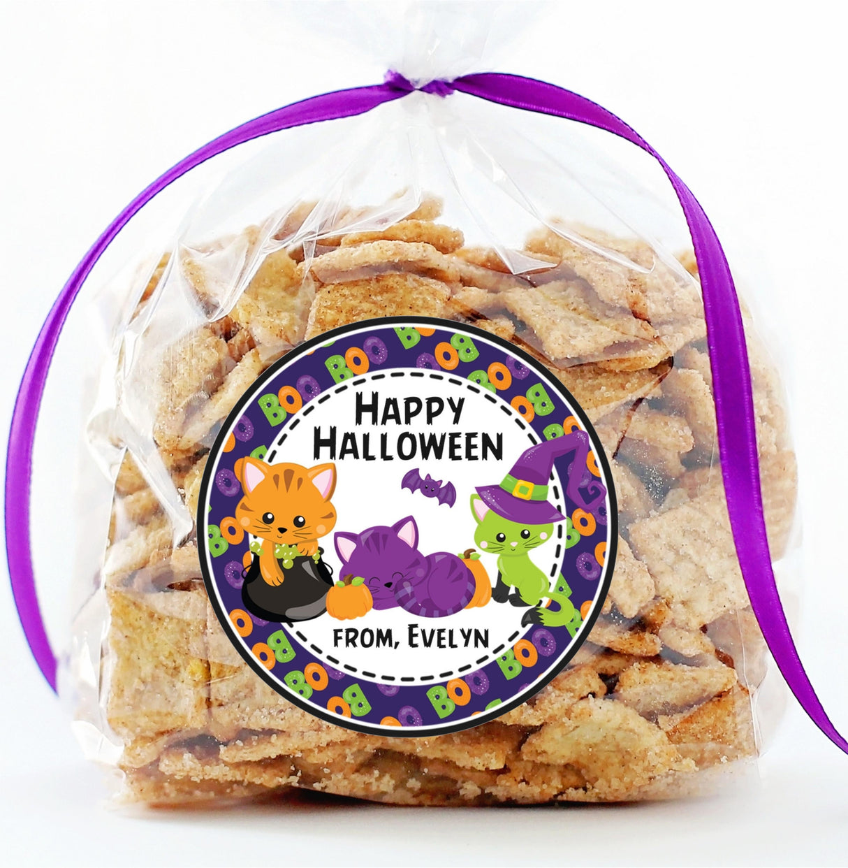 halloween party sticker featuring cartoon cats