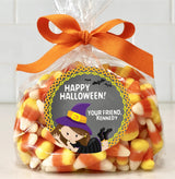 halloween party sticker with playful witch design