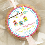 hanging birdhouse baby shower sticker with pink border