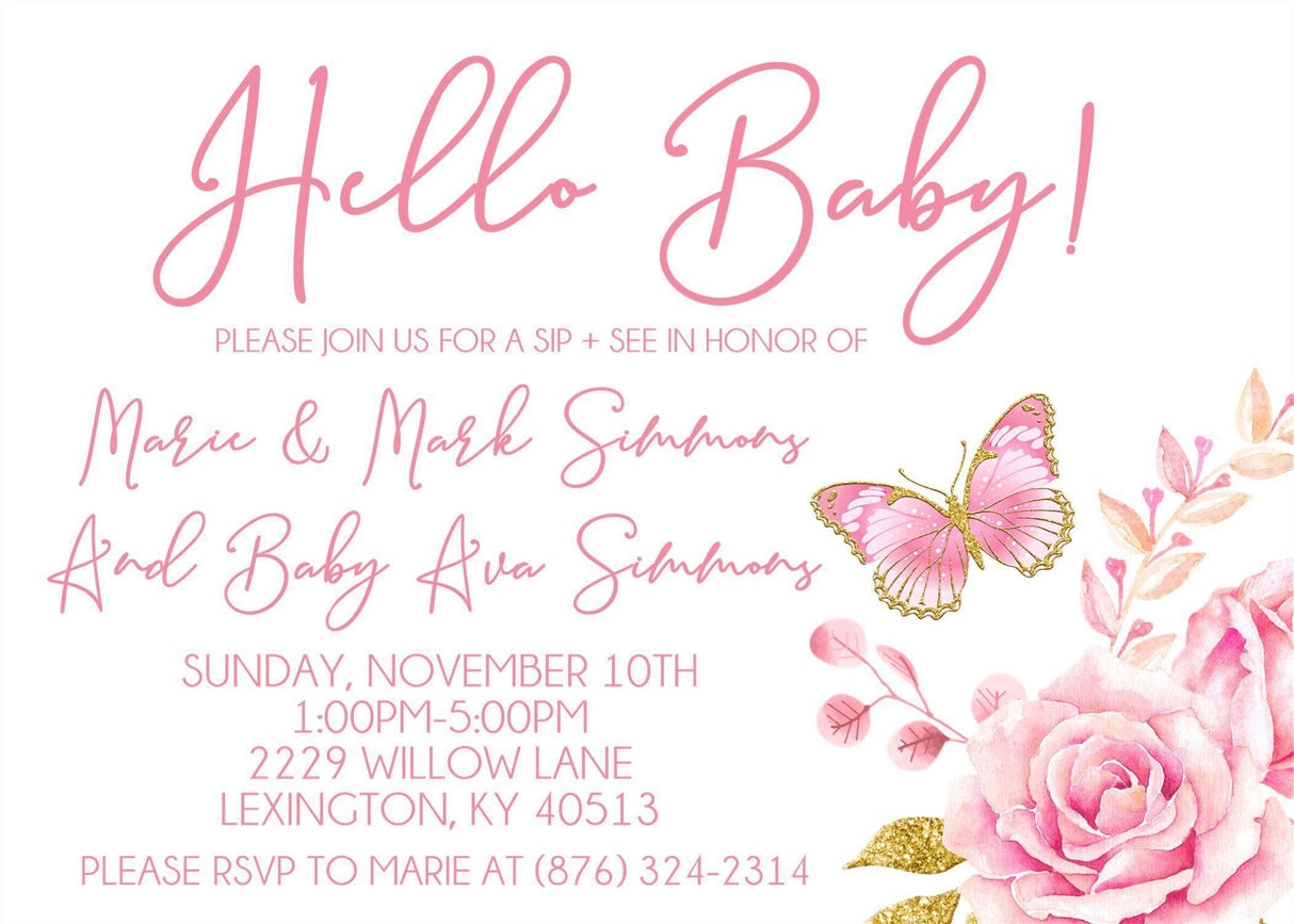 hello baby invitations butterfly floral theme