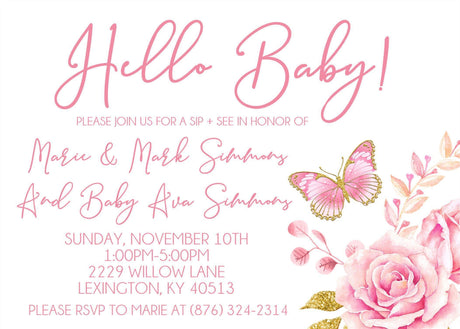 hello baby invitations butterfly floral theme