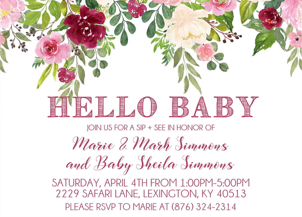 hello baby pink invitations botanical greenery theme