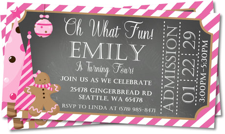 holiday ticket invitation cards girls birthday party style