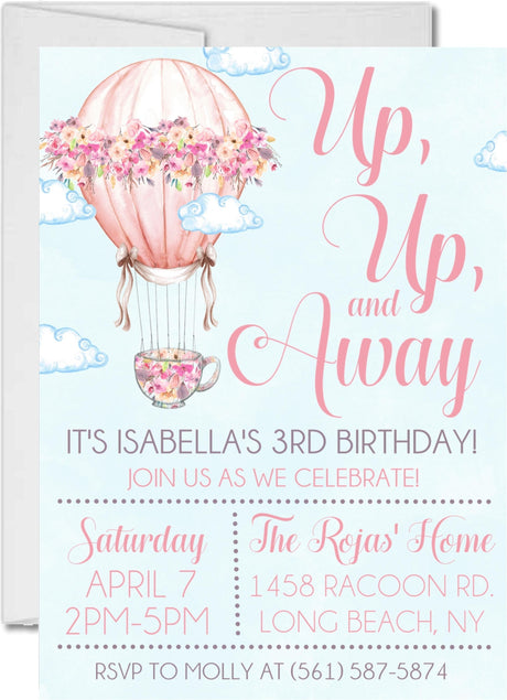hot air balloon birthday party invitations pastel sky design