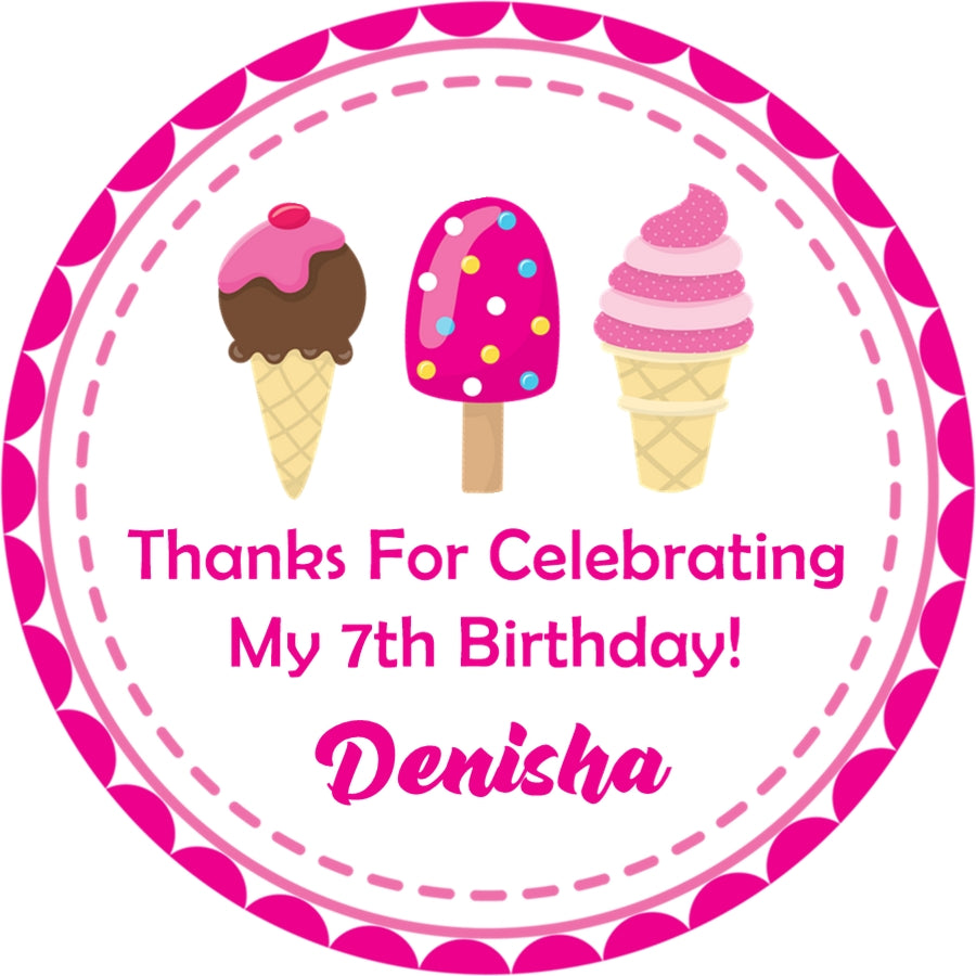 “Thanks for Celebrating My Birthday Party” pink ice cream favor sticker.