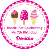 “Thanks for Celebrating My Birthday Party” pink ice cream favor sticker.
