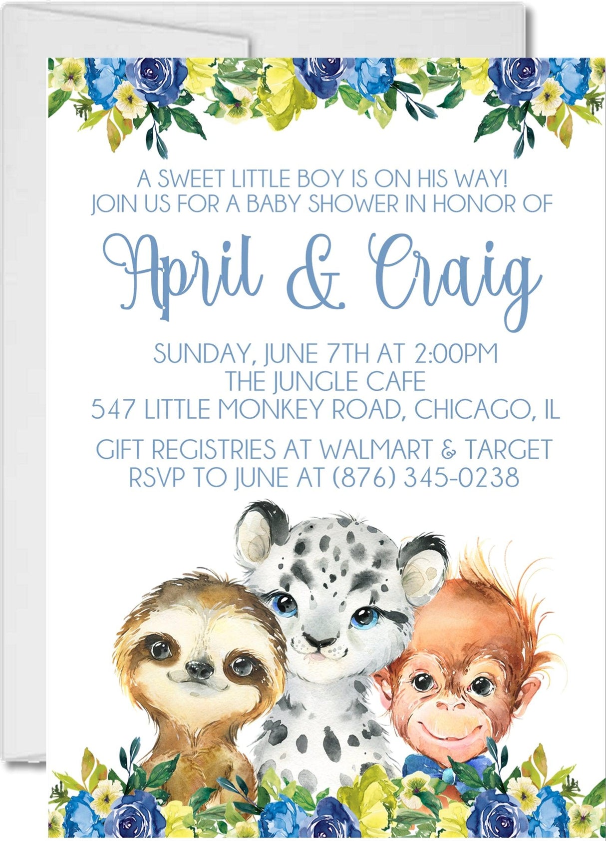 jungle animal baby shower invitations sloth monkey theme