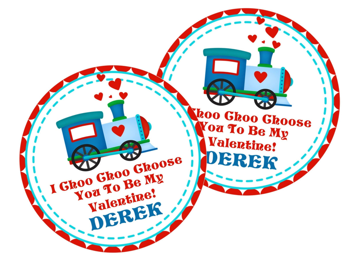 kids choo choo valentine favor label with red hearts