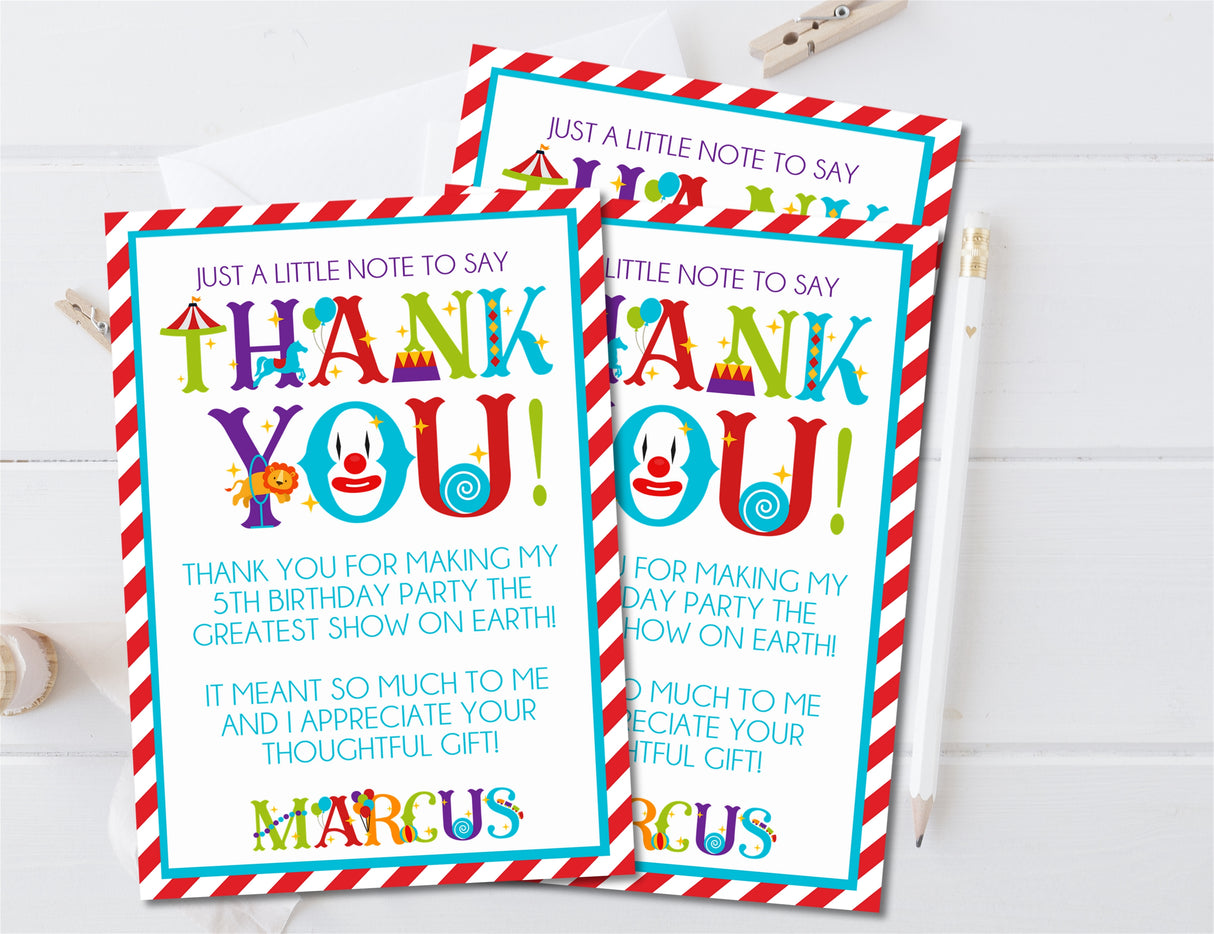 kids circus birthday thank you cards bright colorful style