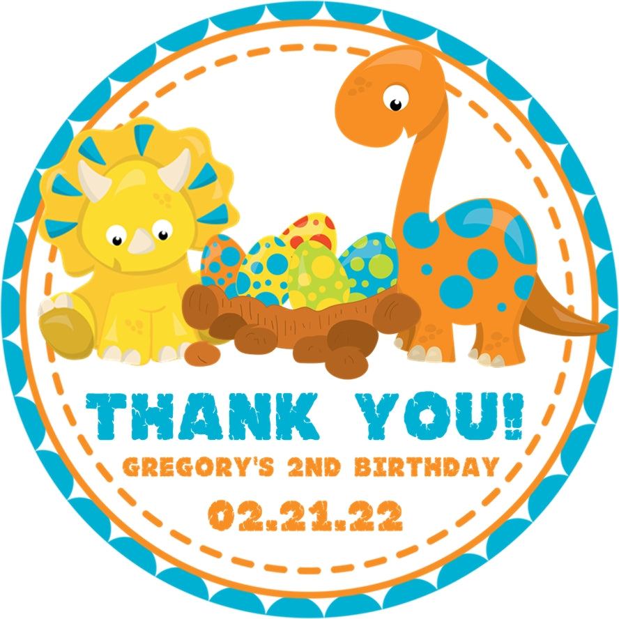 kids dinosaur favor sticker with egg nest and bright colors
