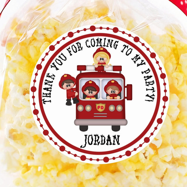 kids firetruck birthday sticker with firefighters
