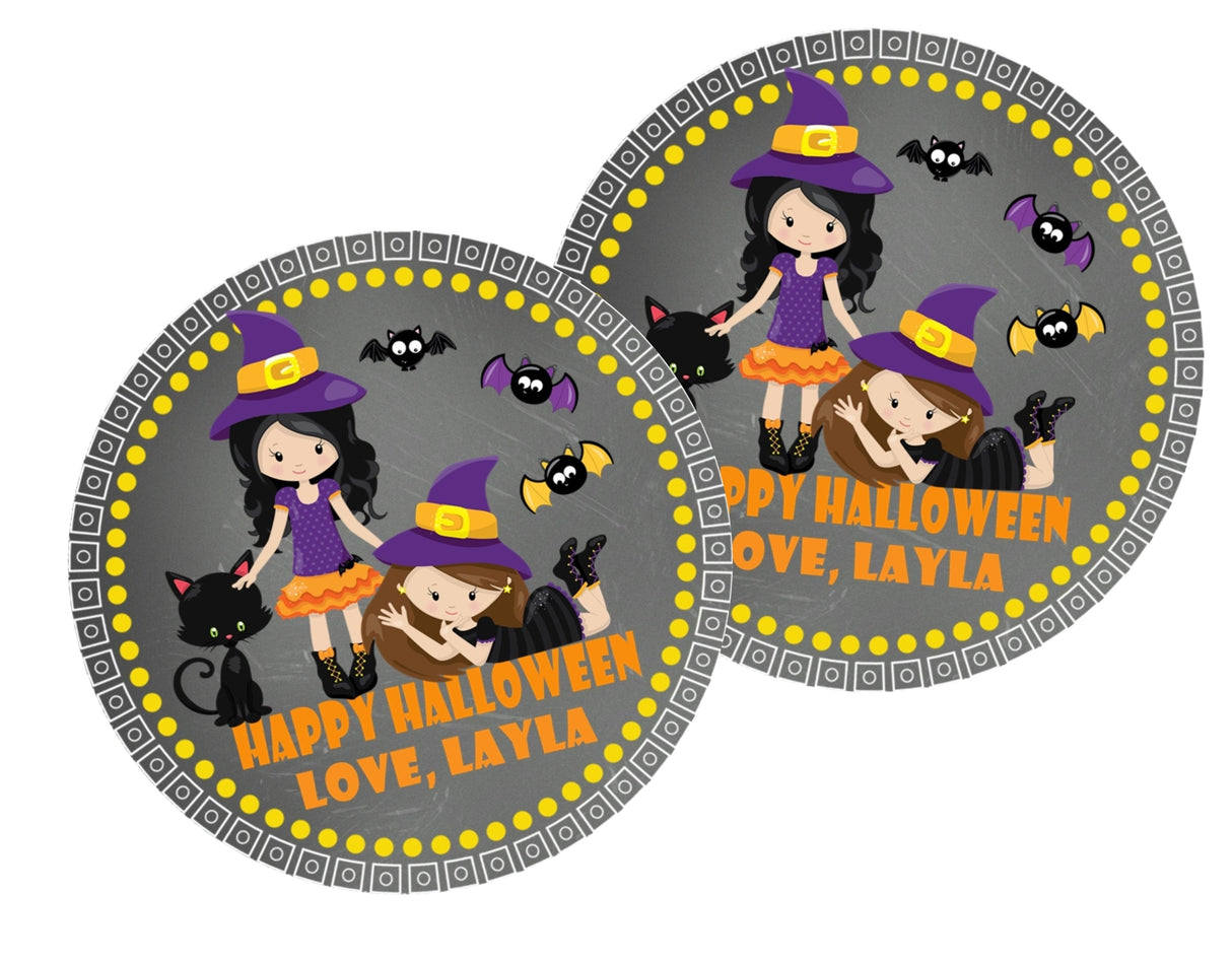 kids halloween favor label featuring two witch characters