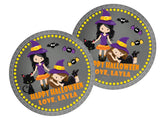 kids halloween favor label featuring two witch characters