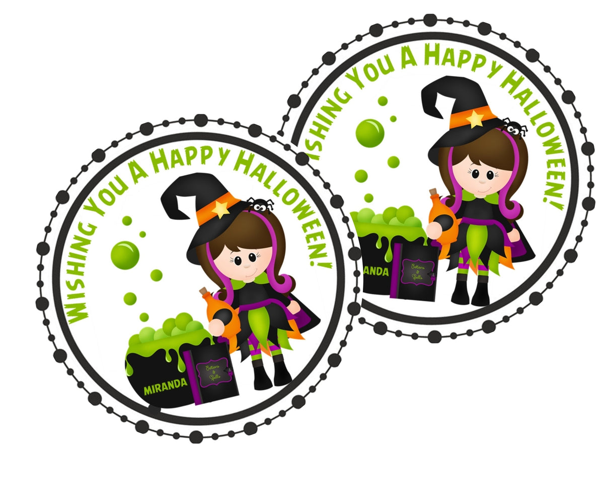 kids halloween favor label with bubbling cauldron and witch character on black background