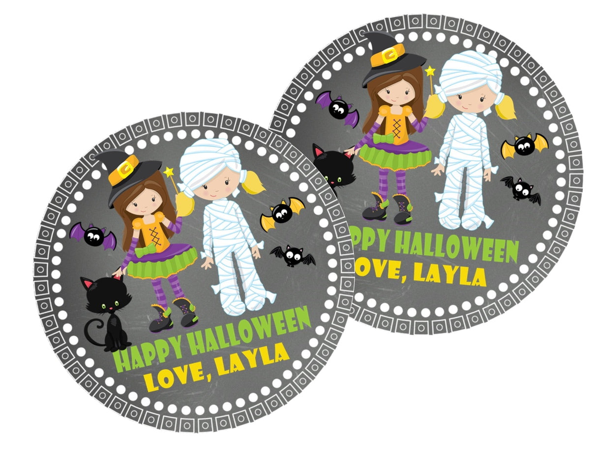 kids halloween favor label with witch costume characters
