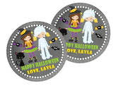 kids halloween favor label with witch costume characters