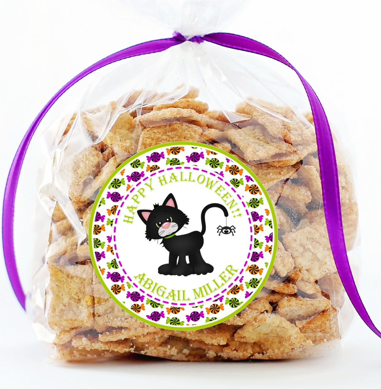 kids halloween party sticker featuring black cat and candy design