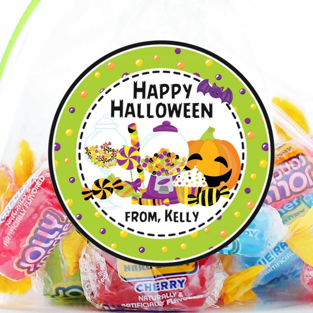 kids halloween sticker featuring assorted colorful candy illustrations