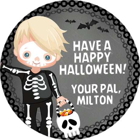kids halloween trick or treat sticker with skeleton costume