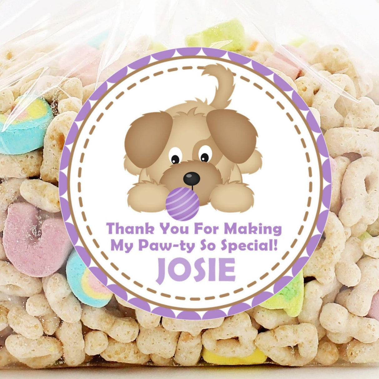 lavender puppy birthday sticker with purple ball