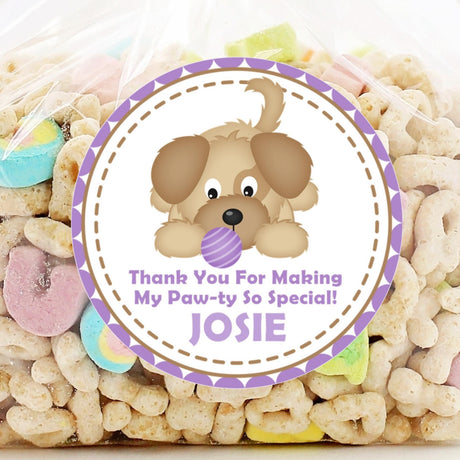 lavender puppy birthday sticker with purple ball