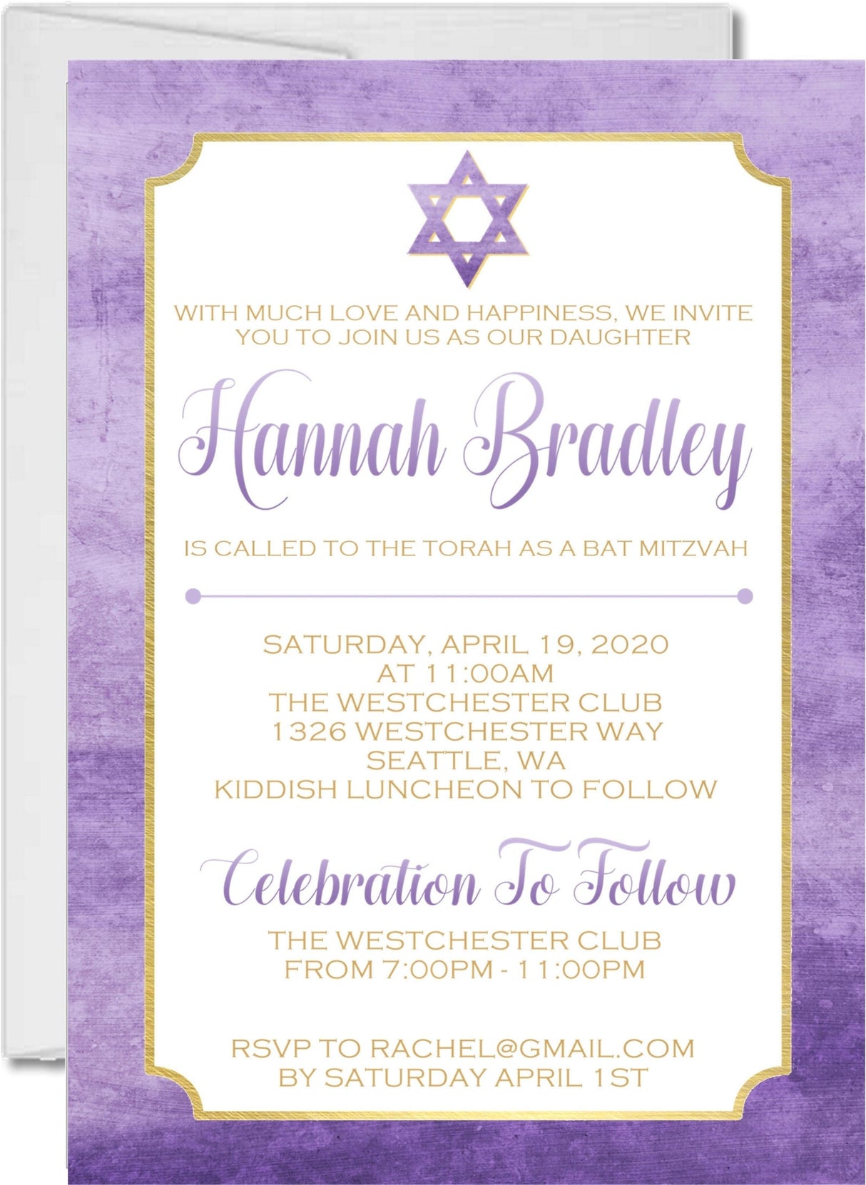 lavender purple mitzvah invitations elegant star of david theme