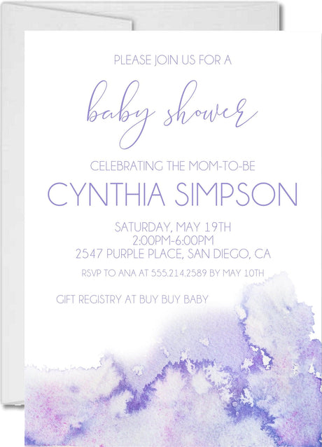 lavender watercolor baby shower invitations minimalist theme