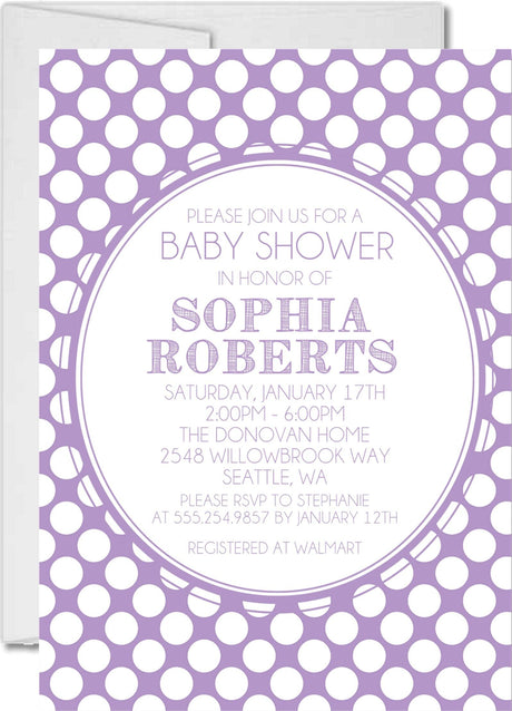 lavender white baby shower invitations modern polka dot theme