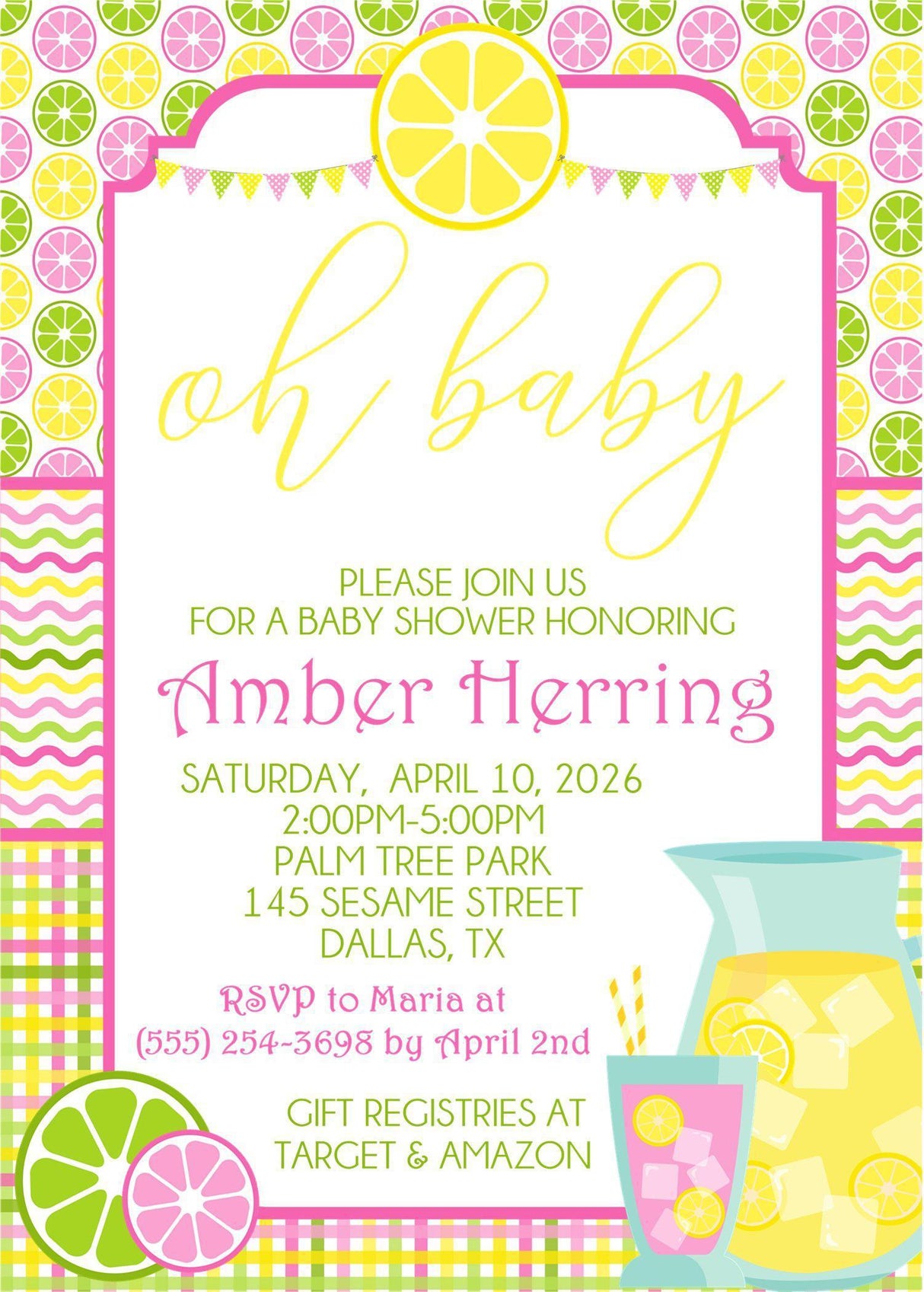 lemon baby shower invitations pink yellow citrus design