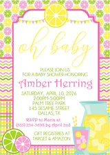 lemon baby shower invitations pink yellow citrus design