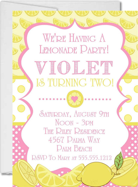 lemonade birthday party invitations pink yellow lemon design