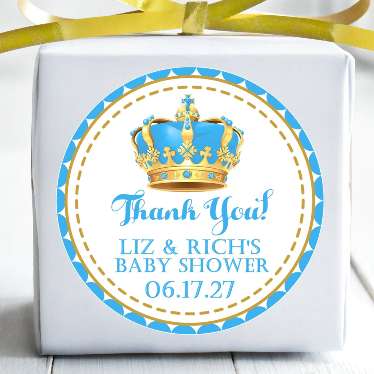 light blue and gold royal crown baby shower sticker