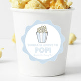 light blue popcorn baby shower sticker with scalloped border