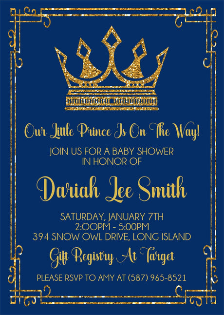 little prince baby shower invitations royal blue crown design