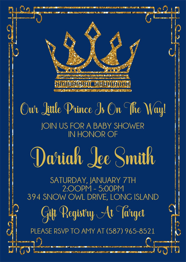 little prince baby shower invitations royal blue crown design