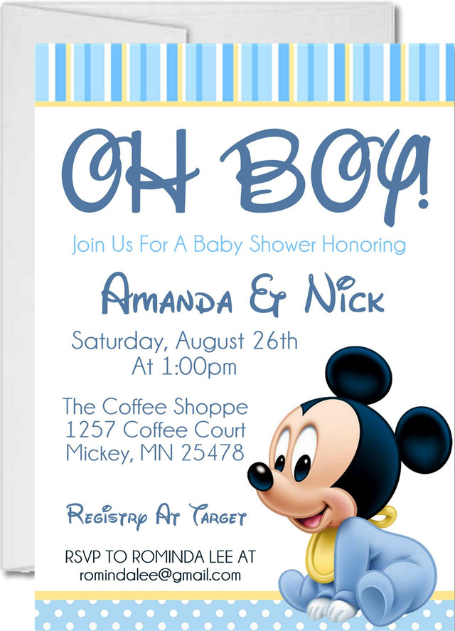 mickey mouse baby shower invitations blue striped design
