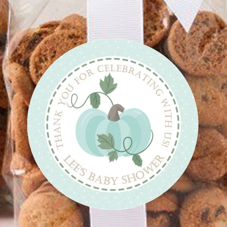mint blue pumpkin baby shower sticker with vine design