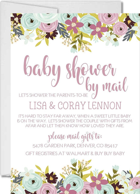 mint lavender floral baby shower by mail invitations watercolor flower design