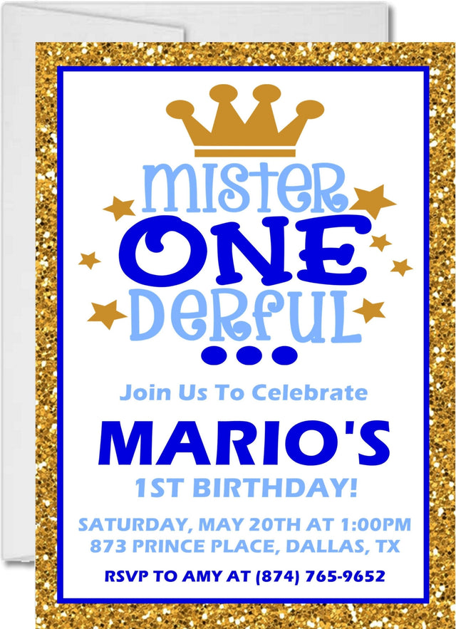 mister one derful birthday invitations blue gold theme