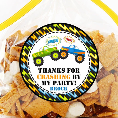 monster truck birthday sticker with lightning bolt border