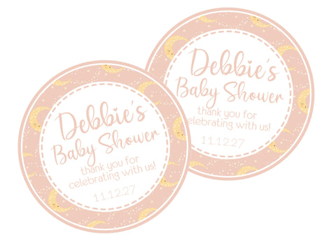 moon and stars baby shower sticker with peach tones