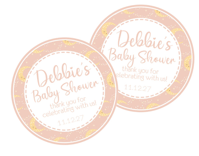 moon and stars baby shower sticker with peach tones