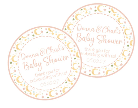 moon and stars baby shower sticker with peach yellow and green accents