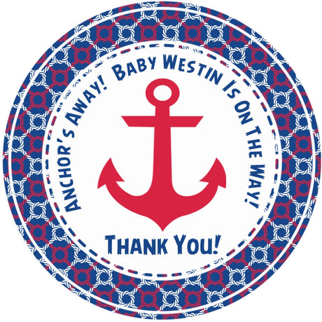 nautical anchor baby shower sticker with red and blue rope border