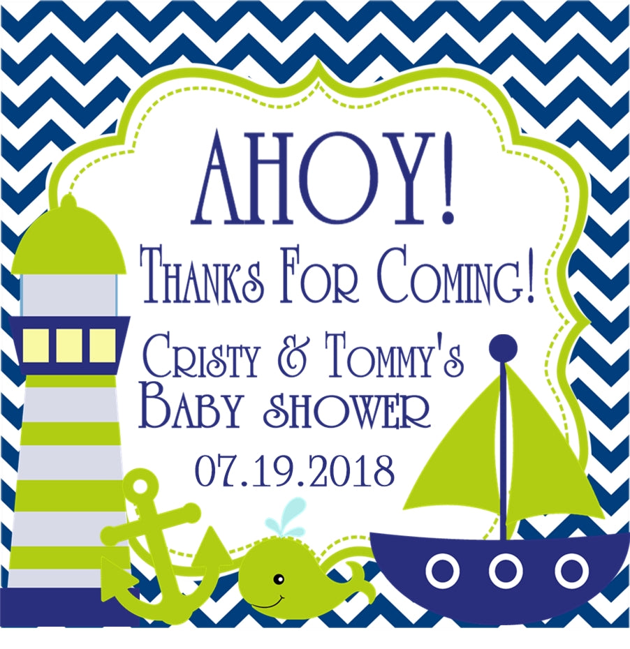 nautical baby shower sticker with lighthouse anchor whale and sailboat navy and lime design