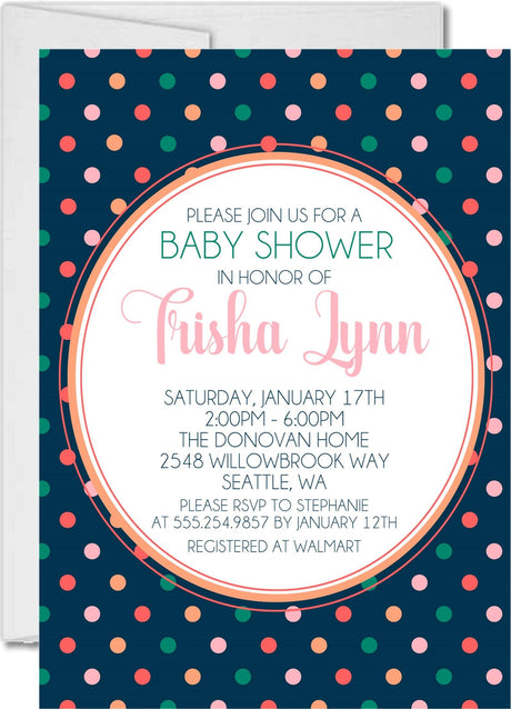 navy baby shower invitations modern polka dot theme