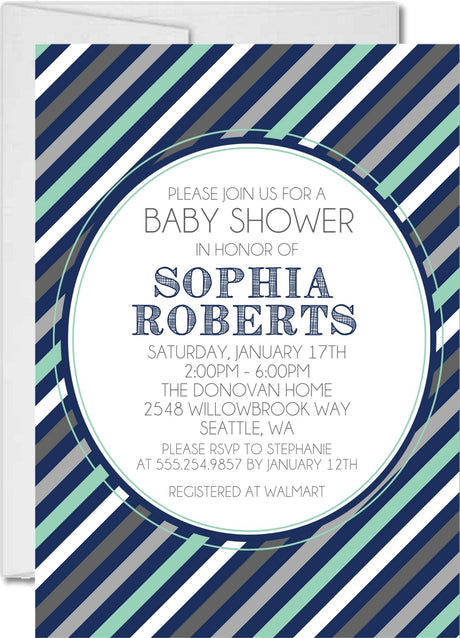 navy blue baby shower invitations modern striped theme