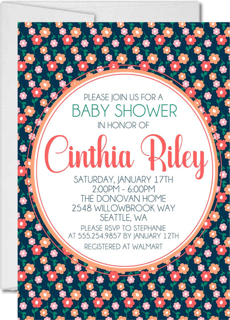 navy floral baby shower invitations coral flower pattern design